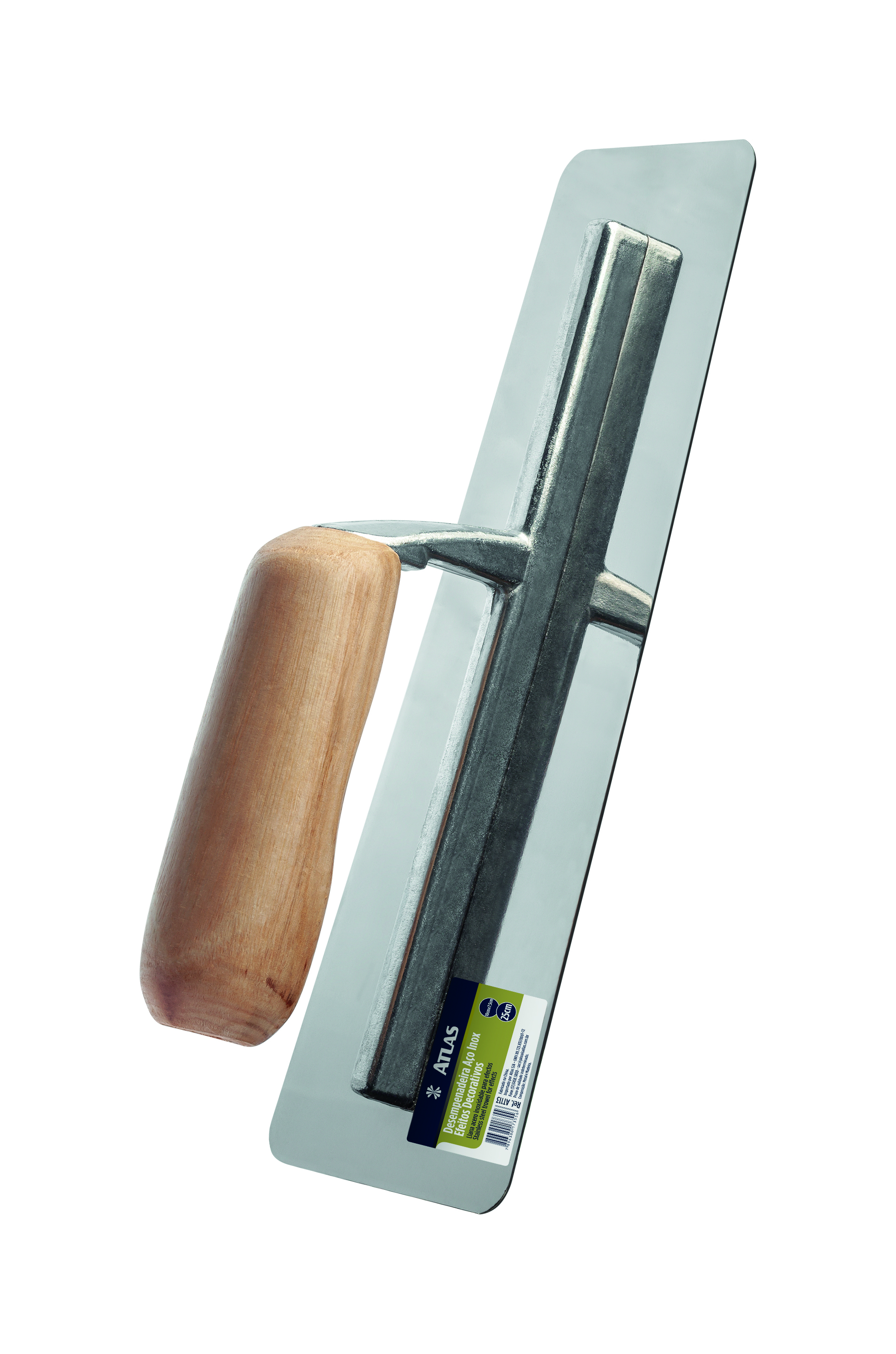 Desempenadeira em aço inoxidável e cabo de madeira.